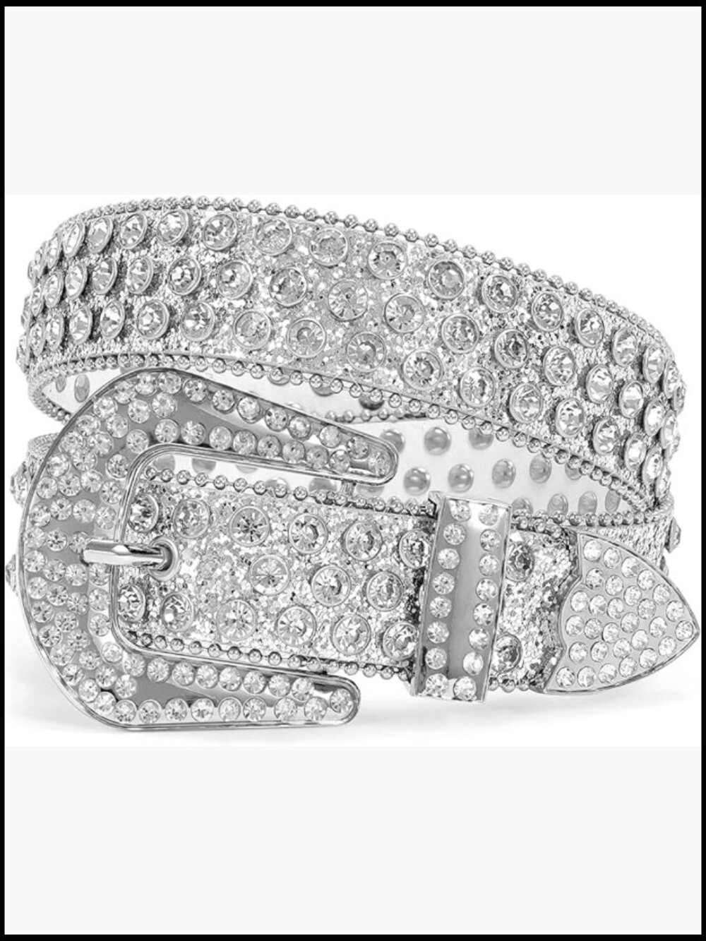 Rhinestone Studded Faux Leather Belt with Western Silver Buckle